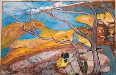 Daw Mi’s painting of a figure in yellow sketching beneath bare trees, from her CECAT essay