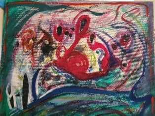 An abstract painting of red spirals and dark marks over green and blue
