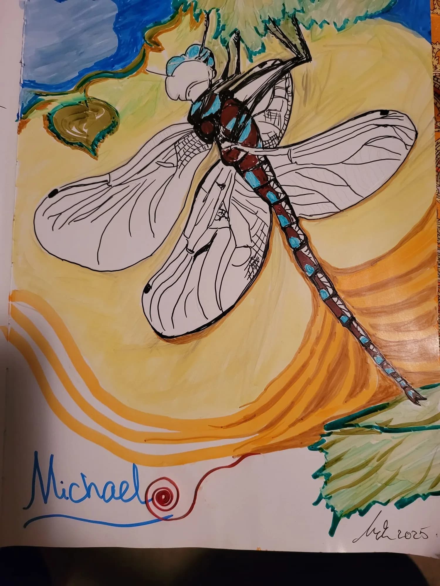 A dragonfly drawn in marker and paint over swirling yellow and blue