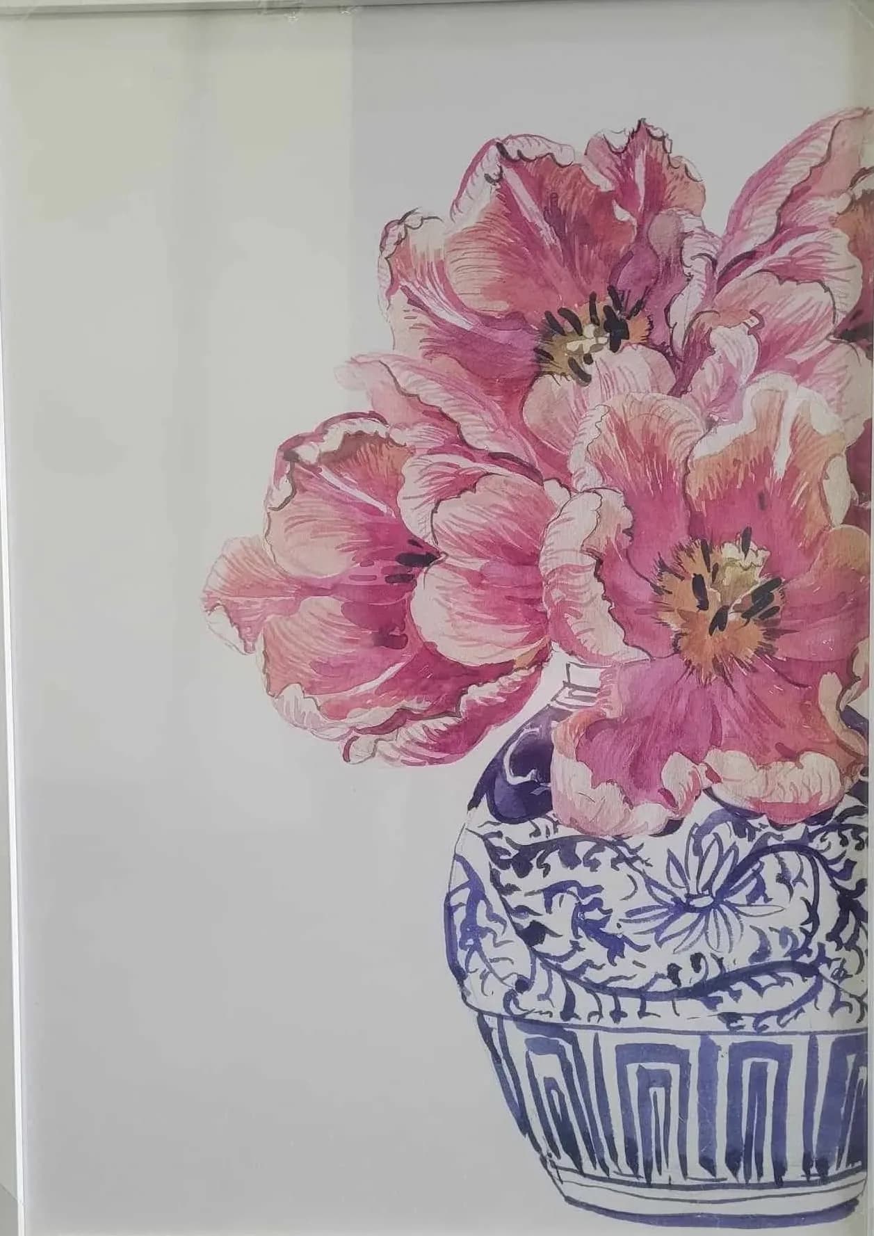 Pink peonies in a blue-and-white vase, painted in soft watercolour