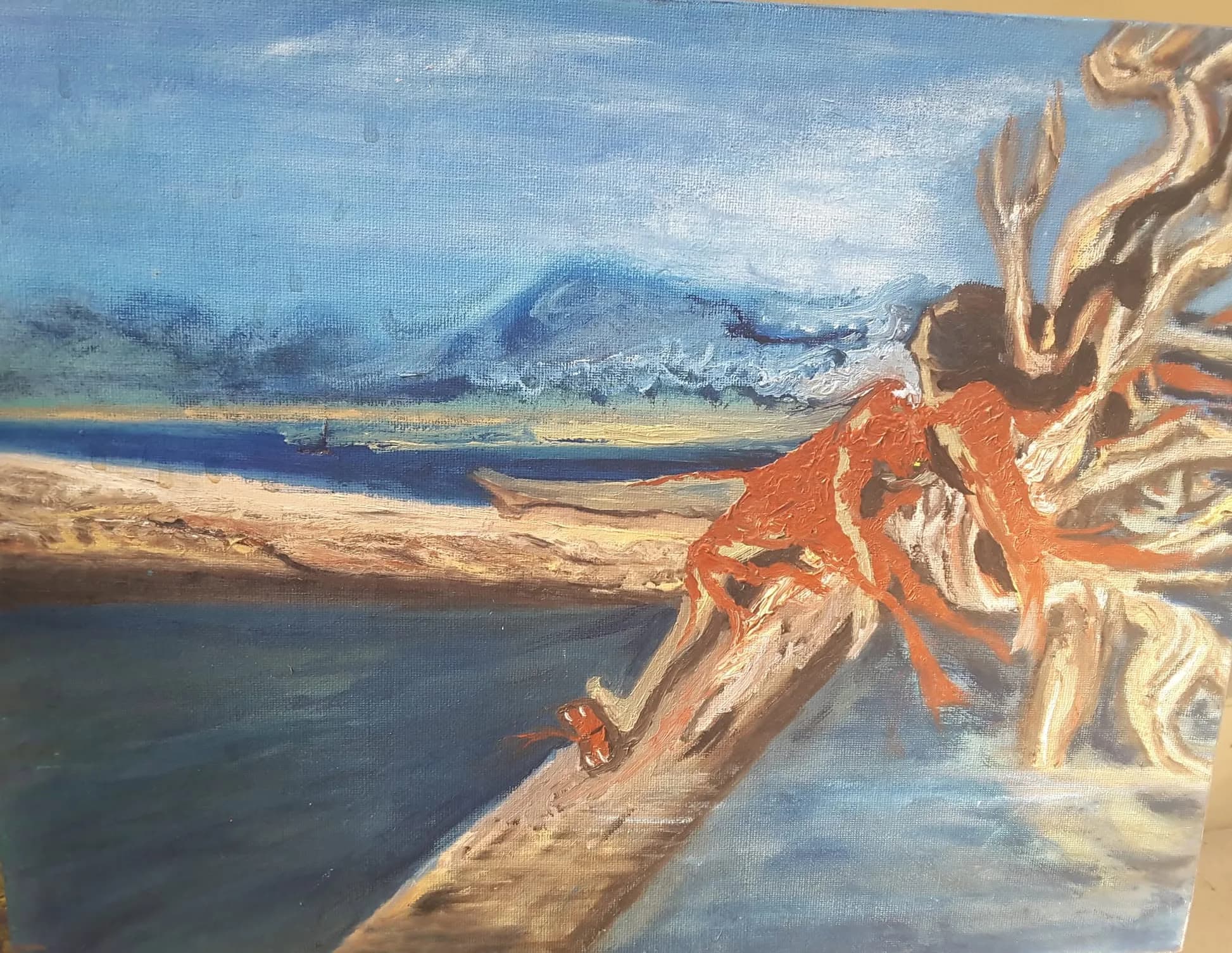 Driftwood reaching over a calm blue shoreline, painted in thick oil