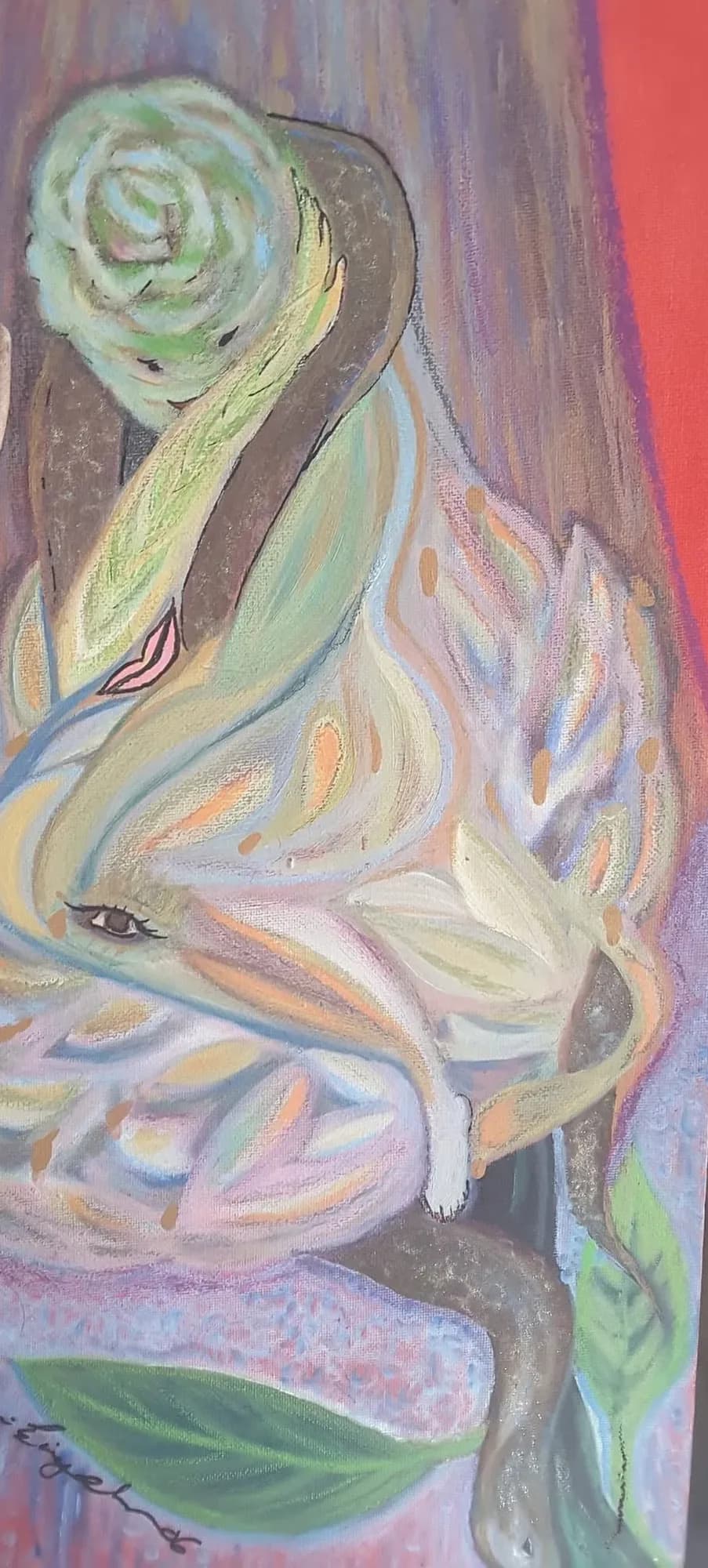 Tall pastel painting of flowing sage, lavender and peach shapes against red