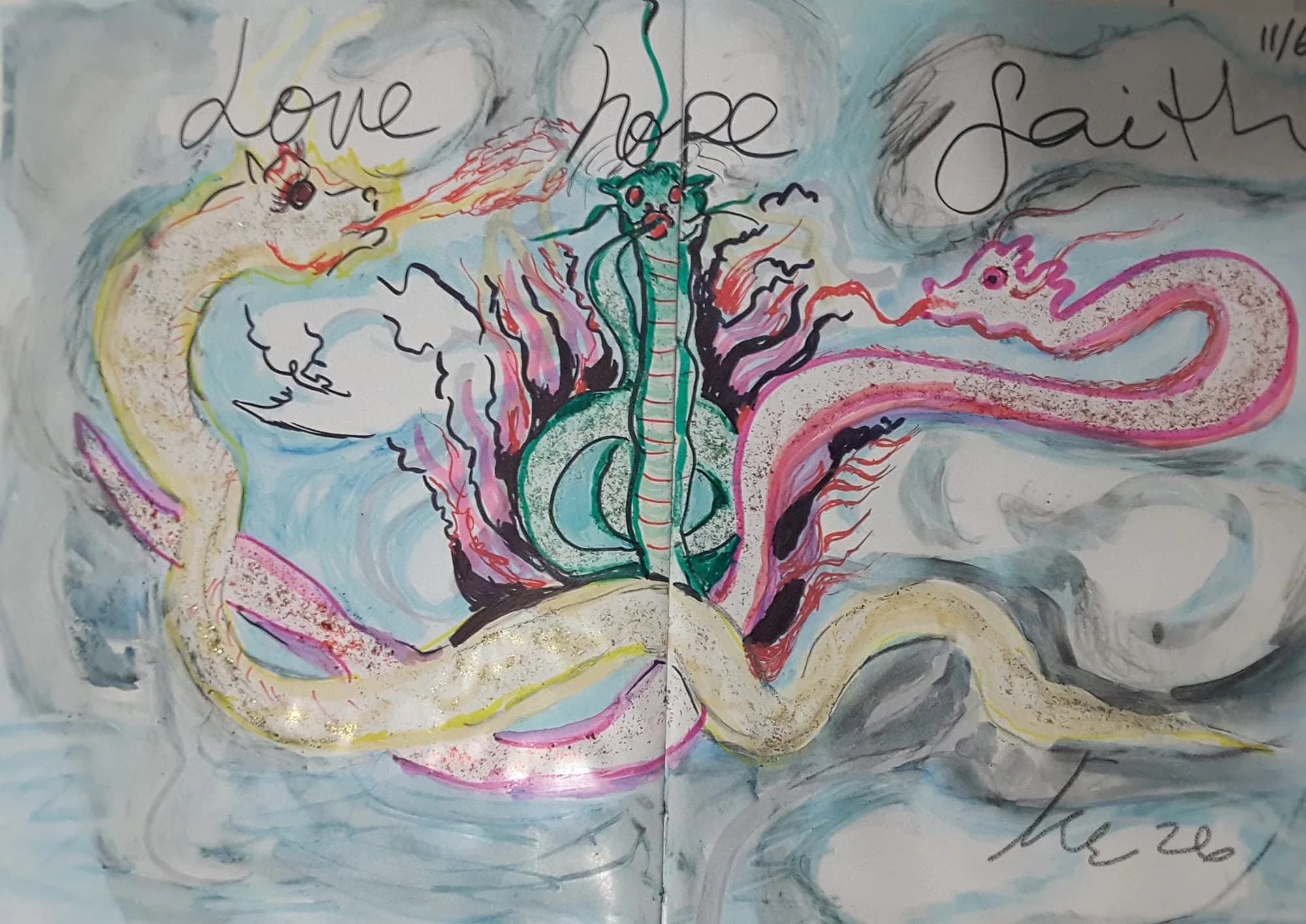 Three winding dragons in white, green and pink beneath the words love, hope and faith