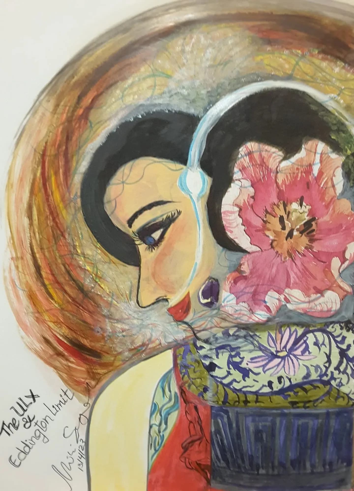 Portrait of a woman in profile with a pink peony and a blue-and-white vase